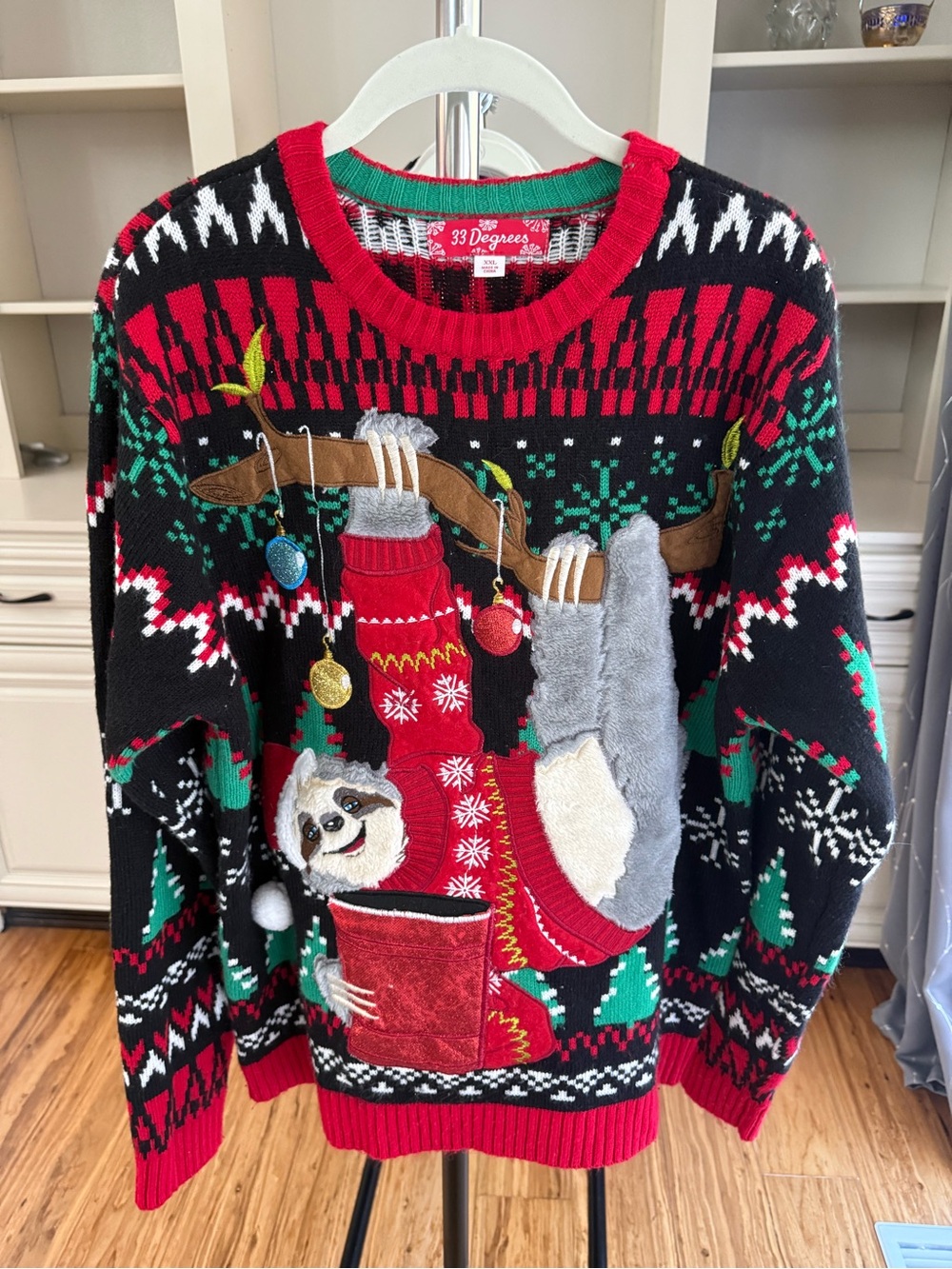 33 Degrees Ugly Christmas Holiday Sweater Sloth Festive Sz XXL
